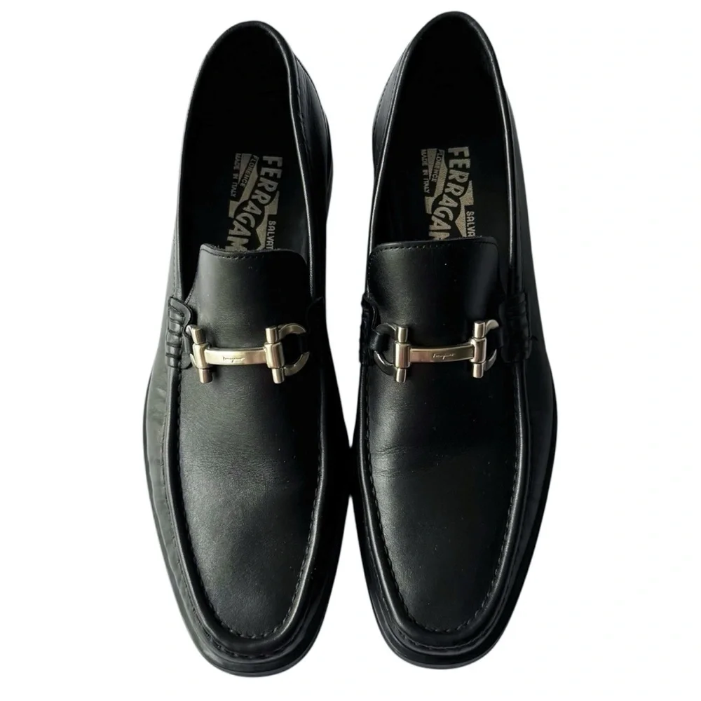 Ferragamo Black Leather Horsebit Loafers | 8